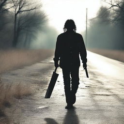 A creepy man walking along the side of a road in summer, carrying a bloody machete