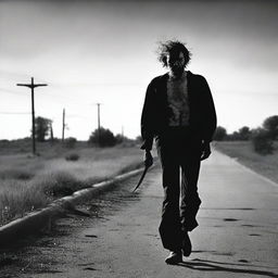 A creepy man walking along the side of a road in summer, carrying a bloody machete