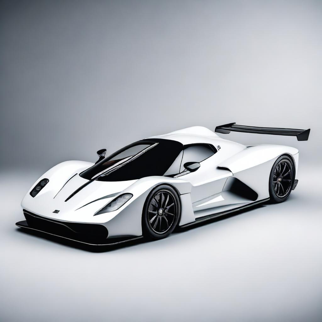 A modern supercar inspired by 90s Group C racecars and prototype Le Mans vehicles, featuring a sleek white color and a long tail design