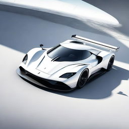 A modern supercar inspired by 90s Group C racecars and prototype Le Mans vehicles, featuring a sleek white color and a long tail design