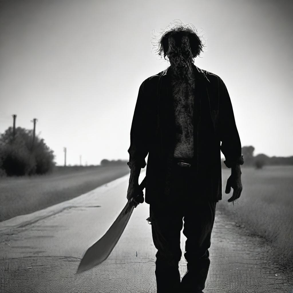 A creepy man walking along the side of a road in summer, carrying a bloody machete