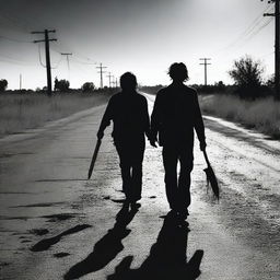 A creepy man walking along the side of a road in summer, carrying a bloody machete