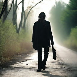 A creepy man walking along the side of a road in summer, carrying a bloody machete