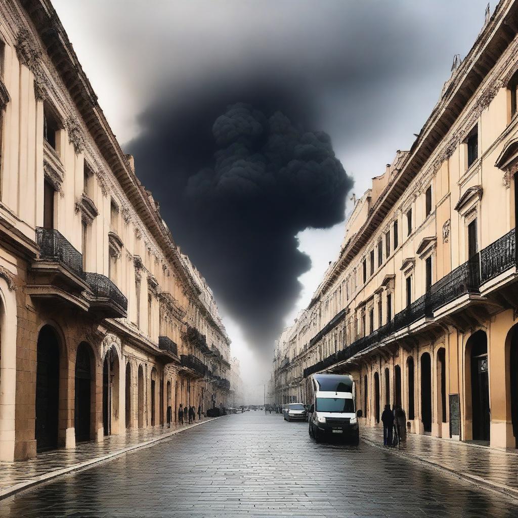 Una imagen de la ciudad de Cádiz envuelta en llamas, con edificios en llamas y humo negro elevándose al cielo