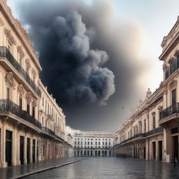 Una imagen de la ciudad de Cádiz envuelta en llamas, con edificios en llamas y humo negro elevándose al cielo