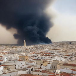 Una imagen de la ciudad de Cádiz envuelta en llamas, con edificios en llamas y humo negro elevándose al cielo