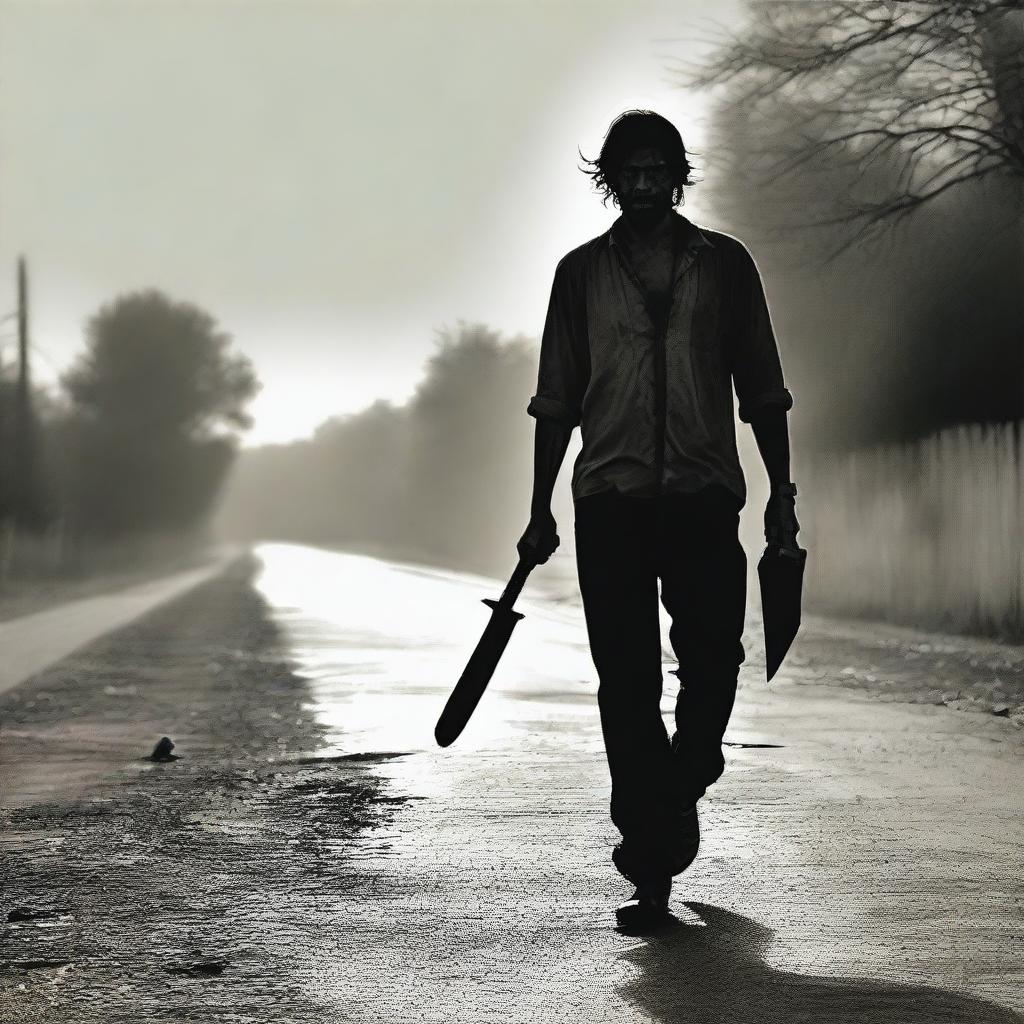 A man walking along the side of a road in summer, carrying a bloody machete