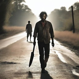 A man walking along the side of a road in summer, carrying a bloody machete