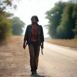 A man walking along the side of a road in summer, carrying a bloody machete