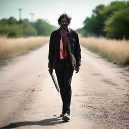 A man walking along the side of a road in summer, carrying a bloody machete