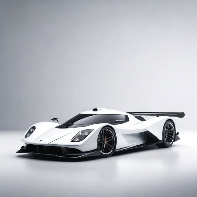 A modern supercar inspired by 90s Group C racecars and prototype Le Mans vehicles, featuring a sleek white color and a long tail design