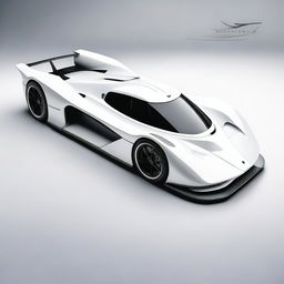 A modern supercar inspired by 90s Group C racecars and prototype Le Mans vehicles, featuring a sleek white color and a long tail design