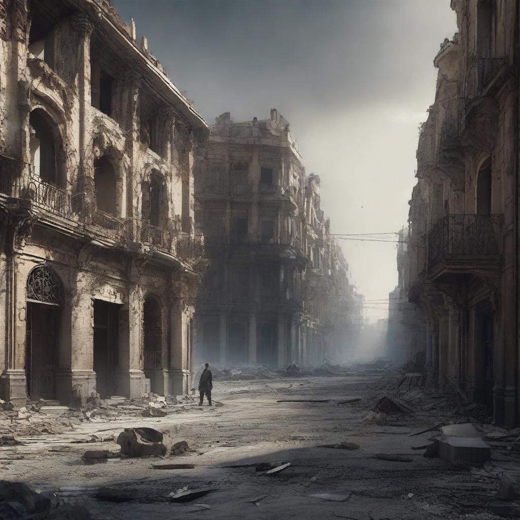 A post-apocalyptic scene depicting a destroyed Spain, with ruined buildings, desolate streets, and a somber atmosphere