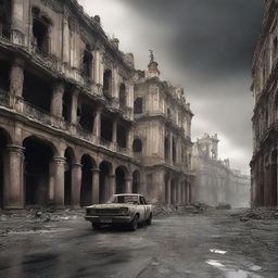 A post-apocalyptic scene depicting a destroyed Spain, with ruined buildings, desolate streets, and a somber atmosphere