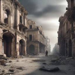 A post-apocalyptic scene depicting a destroyed Spain, with ruined buildings, desolate streets, and a somber atmosphere