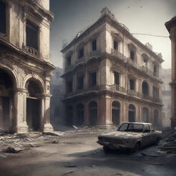 A post-apocalyptic scene depicting a destroyed Spain, with ruined buildings, desolate streets, and a somber atmosphere