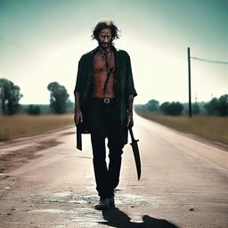 A man walking along the side of a road in summer, carrying a bloody machete