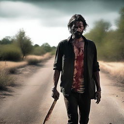 A man walking along the side of a road in summer, carrying a bloody machete