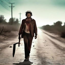 A man walking along the side of a road in summer, carrying a bloody machete