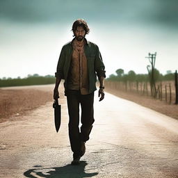 A man walking along the side of a road in summer, carrying a bloody machete