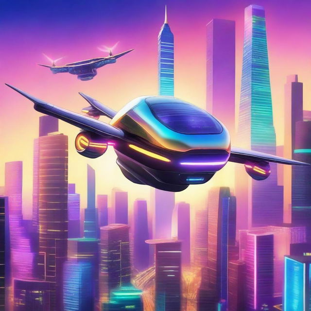 A captivating book cover featuring a futuristic flying taxi soaring over a bustling cityscape