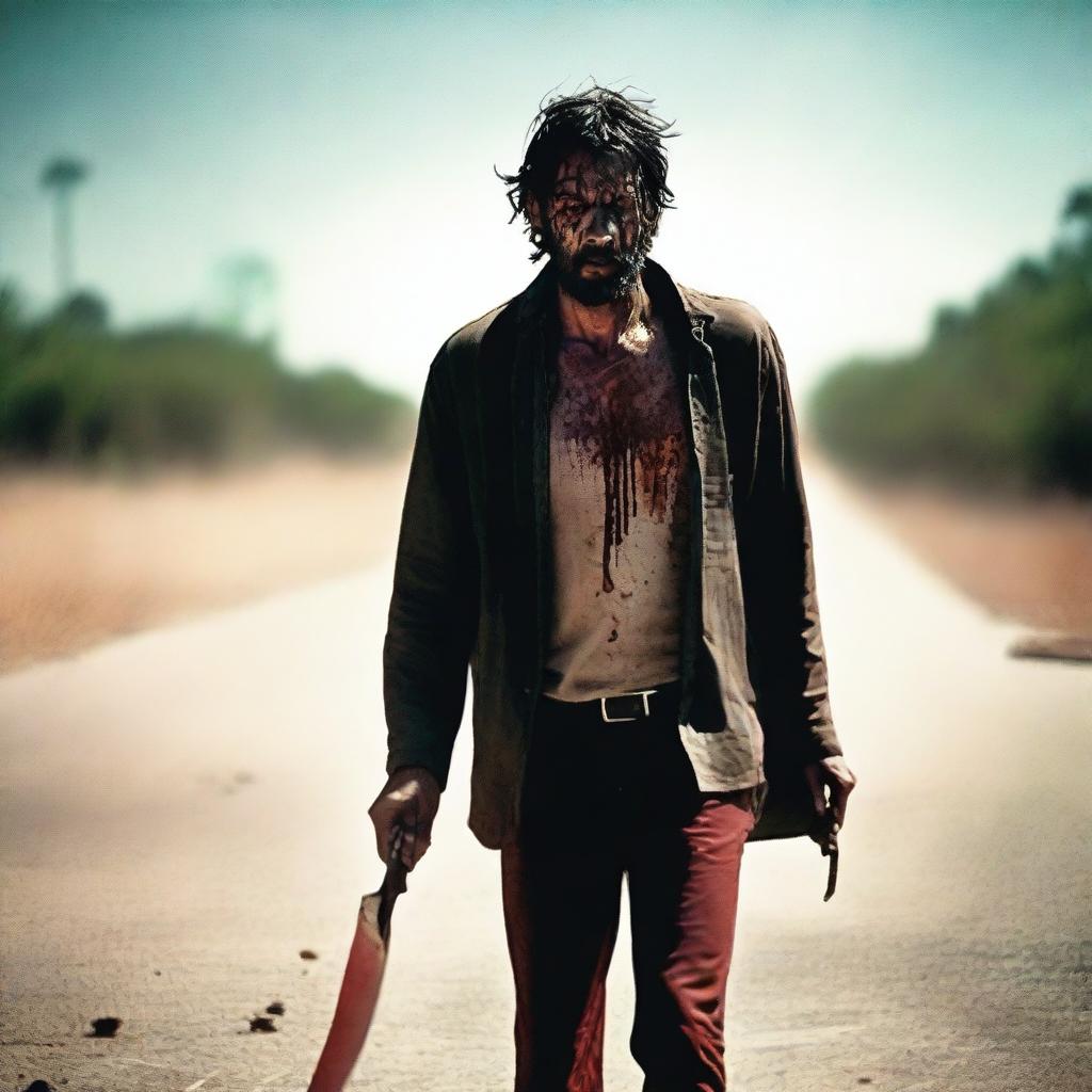 A man walking along the side of a road in summer, carrying a machete with blood on it