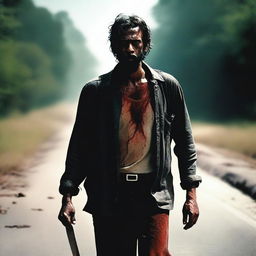 A man walking along the side of a road in summer, carrying a machete with blood on it