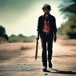 A man walking along the side of a road in summer, carrying a machete with blood on it