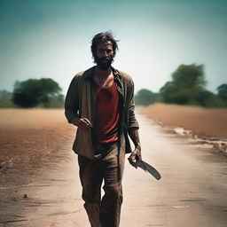 A man walking along the side of a road in summer, carrying a machete with blood on it