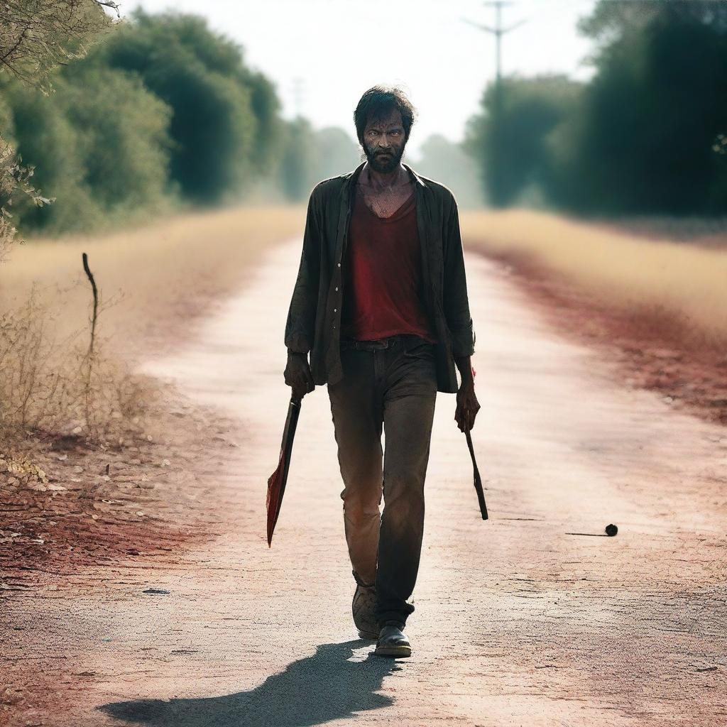 A man walking along the side of a road in summer, carrying a machete with blood on it