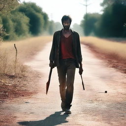 A man walking along the side of a road in summer, carrying a machete with blood on it