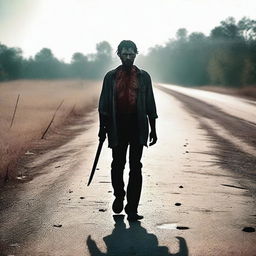 A man walking along the side of a road in summer, carrying a machete with blood on it