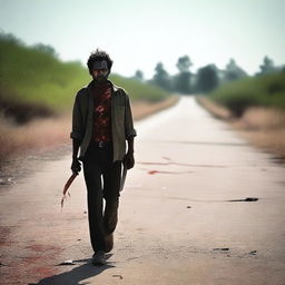 A man walking along the side of a road in summer, carrying a machete with blood on it