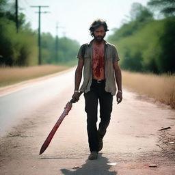 A man walking along the side of a road in summer, carrying a machete with blood on it