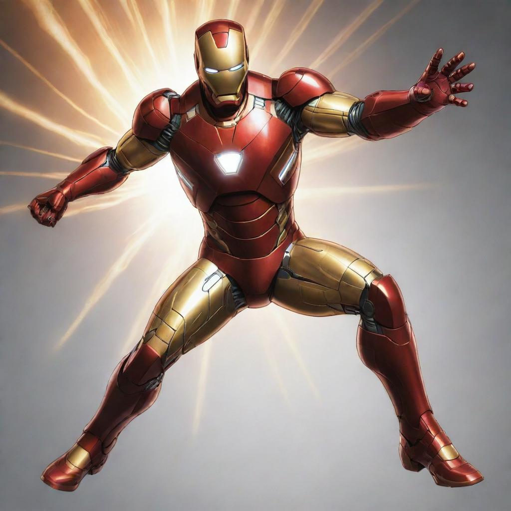 Detailed full body illustration of Iron Man in his iconic red and gold suit, flying in a dynamic pose with repulsor rays powering from his hands