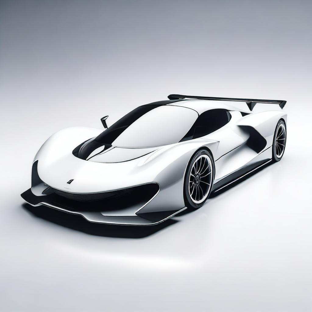 A modern supercar inspired by 90s Group C racecars and prototype Le Mans vehicles, featuring a sleek white color and a long tail design