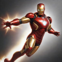 Detailed full body illustration of Iron Man in his iconic red and gold suit, flying in a dynamic pose with repulsor rays powering from his hands