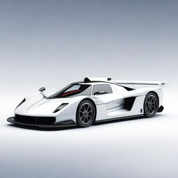 A modern supercar inspired by 90s Group C racecars and prototype Le Mans vehicles, featuring a sleek white color and a long tail design