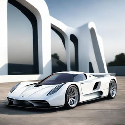 A modern supercar inspired by 90s Group C racecars and prototype Le Mans vehicles, featuring a sleek white color and a long tail design