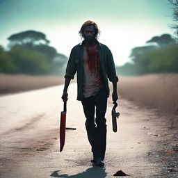 A man walking along the side of a road in summer, carrying a machete with blood on it