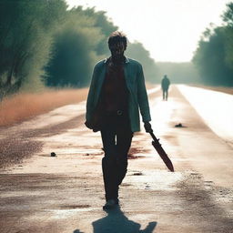 A man walking along the side of a road in summer, carrying a machete with blood on it