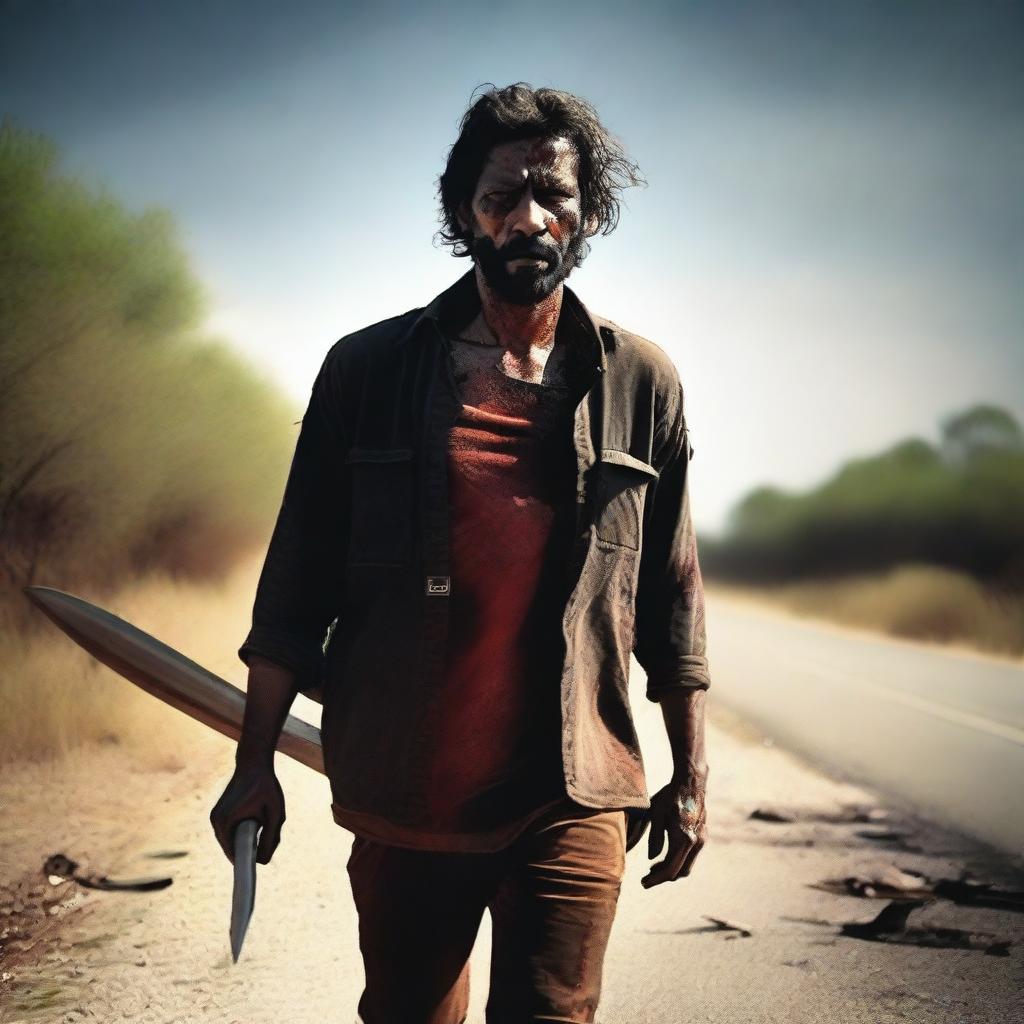 A man walking along the side of a road in summer, carrying a machete with blood on it