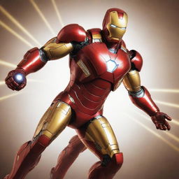 Detailed full body illustration of Iron Man in his iconic red and gold suit, flying in a dynamic pose with repulsor rays powering from his hands