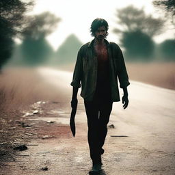 A man walking along the side of a road in summer, carrying a machete with blood on it