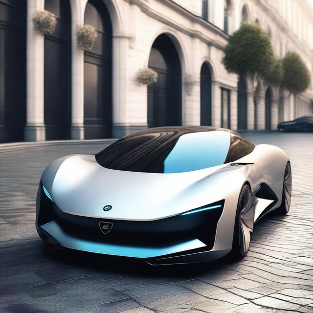 A futuristic electric luxury hyper sports car with a sleek geometrical shape, featuring sharp angles and modern design