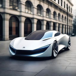 A futuristic electric luxury hyper sports car with a sleek geometrical shape, featuring sharp angles and modern design