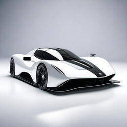 A modern supercar inspired by 90s Group C racecars and prototype Le Mans vehicles, featuring a sleek white color and a long tail design