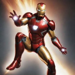 Detailed full body illustration of Iron Man in his iconic red and gold suit, flying in a dynamic pose with repulsor rays powering from his hands