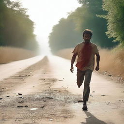 A man running along the side of a road in summer, carrying a machete with blood on it