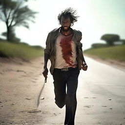 A man running along the side of a road in summer, carrying a machete with blood on it